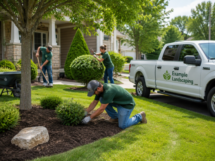 Example Landscaping crew working in a residential yard beside a branded company truck