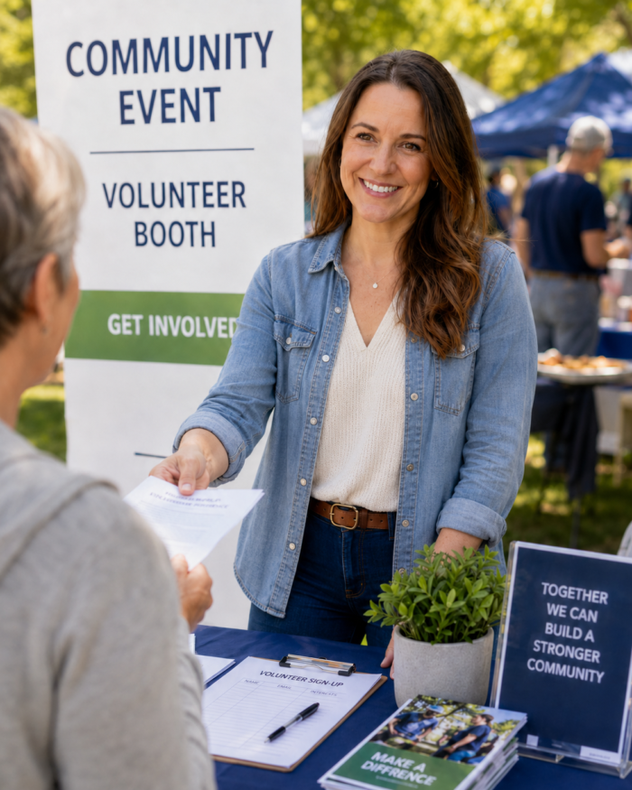 Example Person volunteering at a community event booth